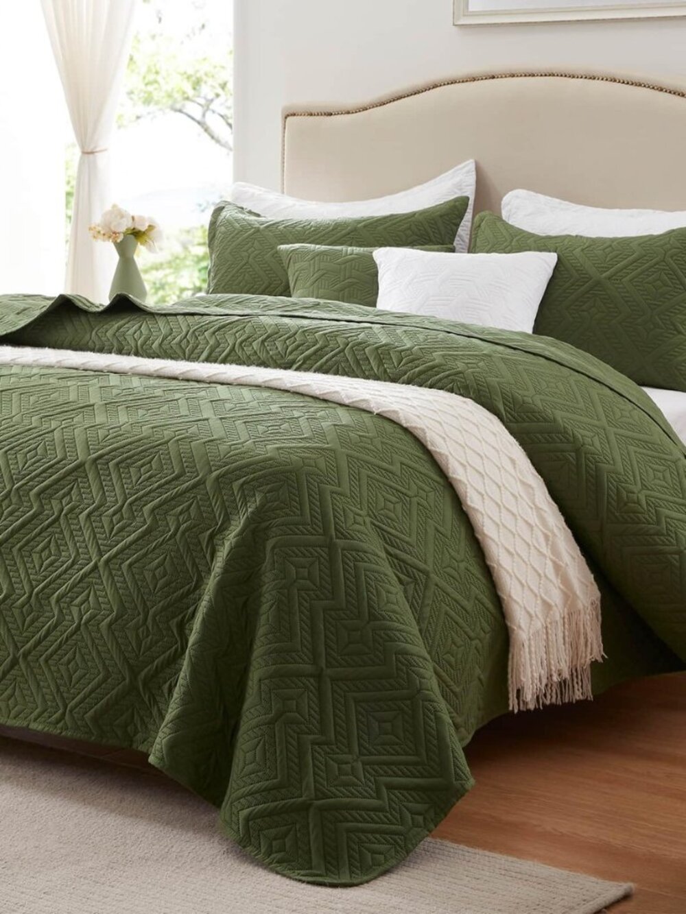 Full/Queen Quilt Set 3 Pieces, Lightweight Olive Green Bedspread-90''x98'', Soft